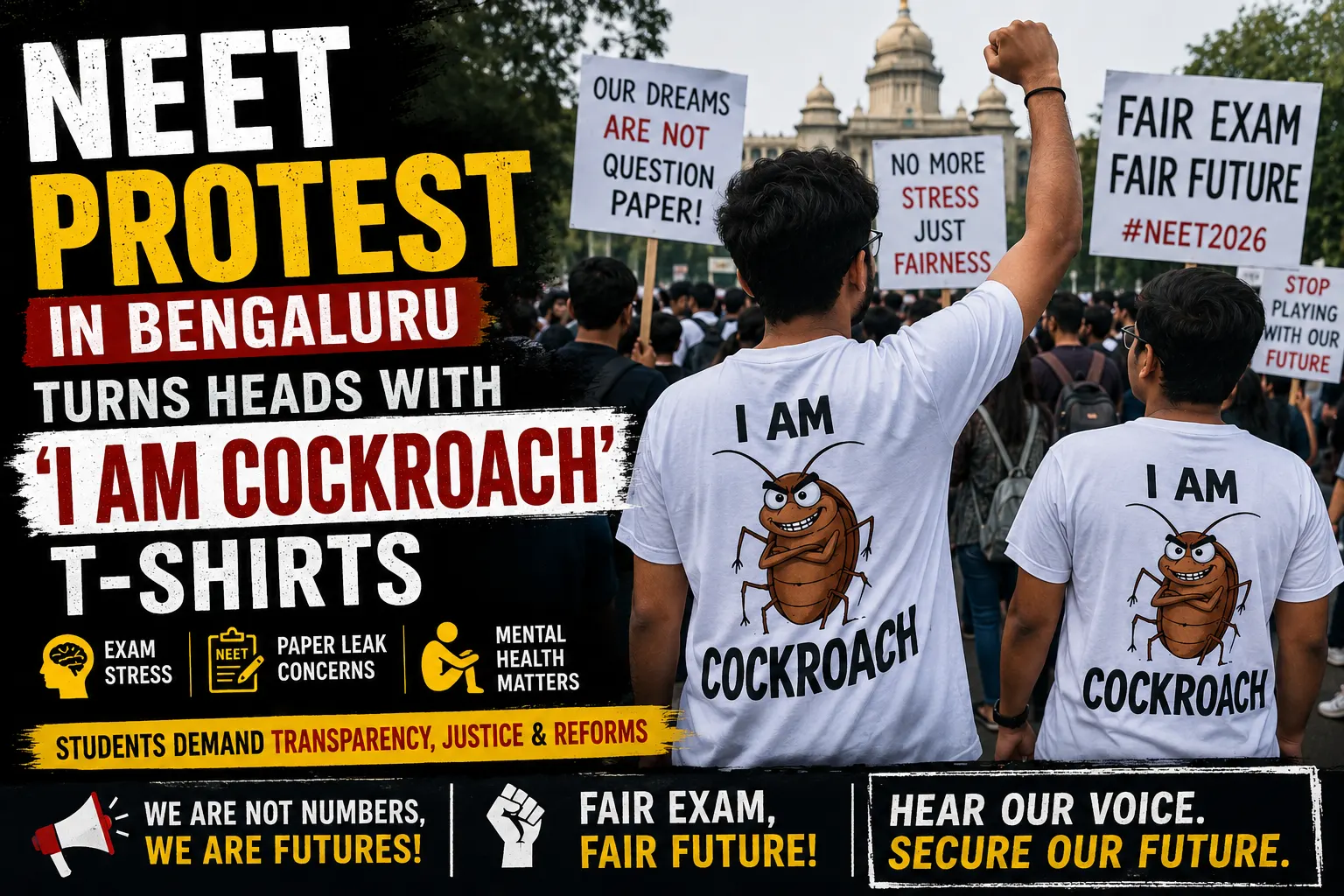 NEET Protest in Bengaluru Turns Heads With ‘i am Cockroach’ T-Shirts